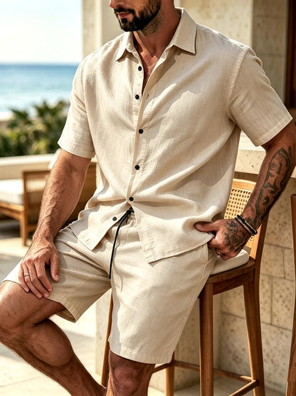 Men's 2 Piece Breathable Linen Set Short Sleeve Button Shirt & Shorts Looser Fit Summer Casual Beach Vacation Daily Wear Outfit