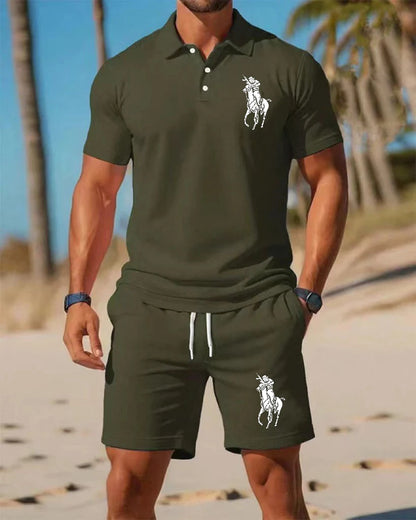 Men's trendy sports polo shirt paired with shorts,  print on the chest and breathable fabric,   distance travel and home wear