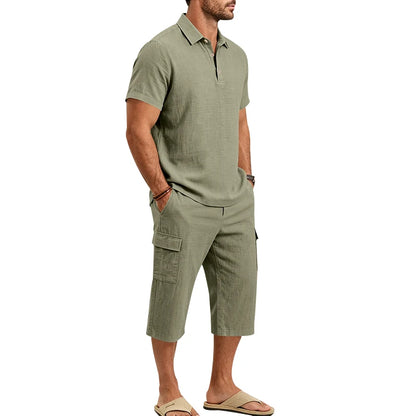 Men's Linen Breathable Loose Polo Two-Piece Set Short-Sleeve Top Work Pants Summer Beach Casual Sports Outfit