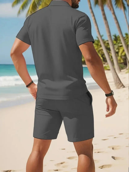 Summer Casual Versatile Fashion Short-Sleeved Button-Down Polo Shirt And Breathable Mesh Shorts Set for Men Plus Size