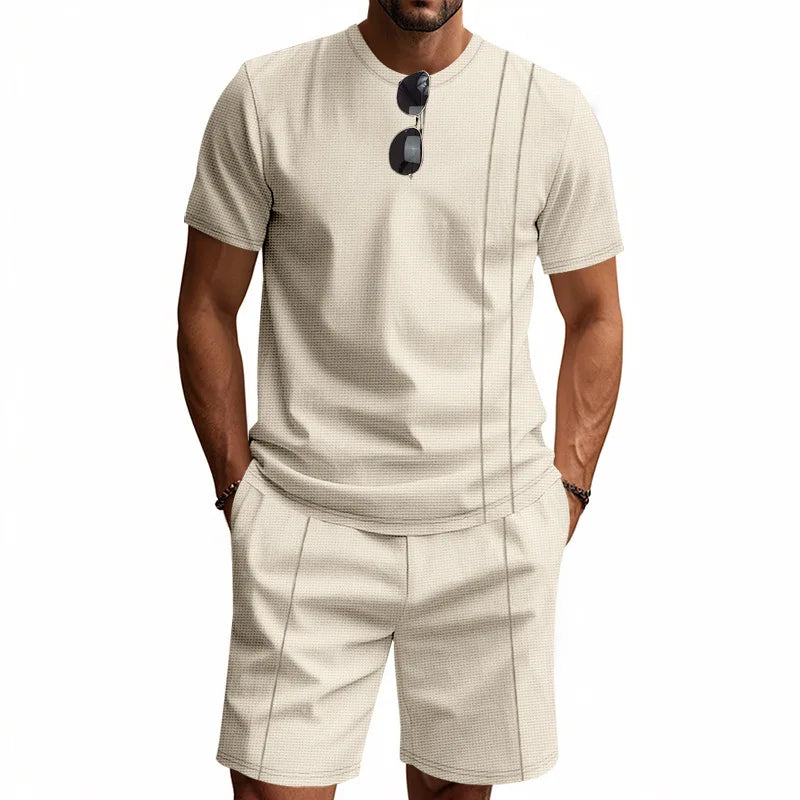 BKKFinds Khaki color / S / China Mainland BKKFinds Men's Waffle Knit 2 Piece Tracksuit Set Solid Color Short Sleeve Crew Neck T Shirt Elastic Waist Shorts Summer Casual Outfit.