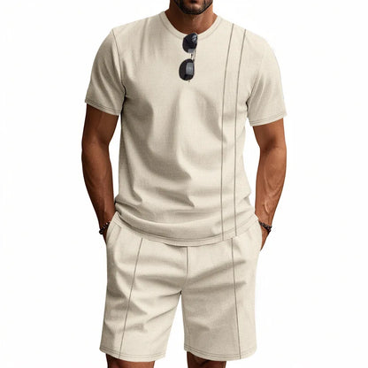 Men's Waffle Knit 2 Piece Tracksuit Set Solid Color Short Sleeve Crew Neck T Shirt Elastic Waist Shorts Summer Casual  Outfit.