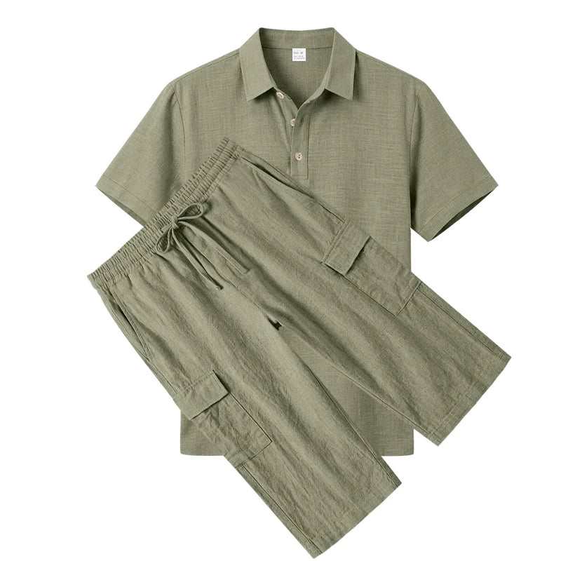 Men's Linen Breathable Loose Polo Two-Piece Set Short-Sleeve Top Work Pants Summer Beach Casual Sports Outfit