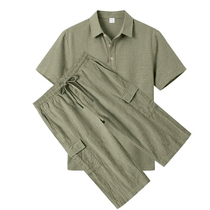 Men's Linen Breathable Loose Polo Two-Piece Set Short-Sleeve Top Work Pants Summer Beach Casual Sports Outfit