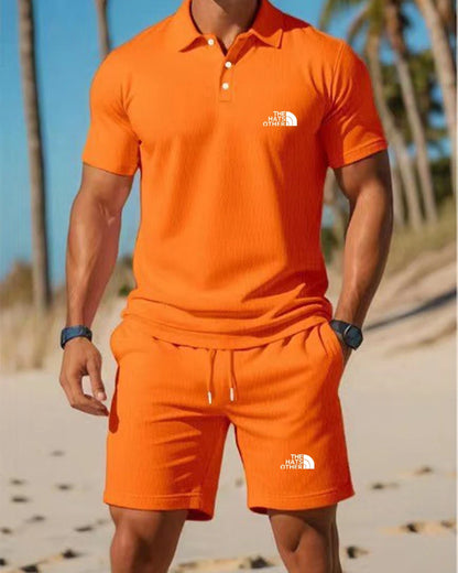 Daily essential men's casual Polo set exquisite letter printing soft glutinous fabric home fitness jogging versatile shorts set