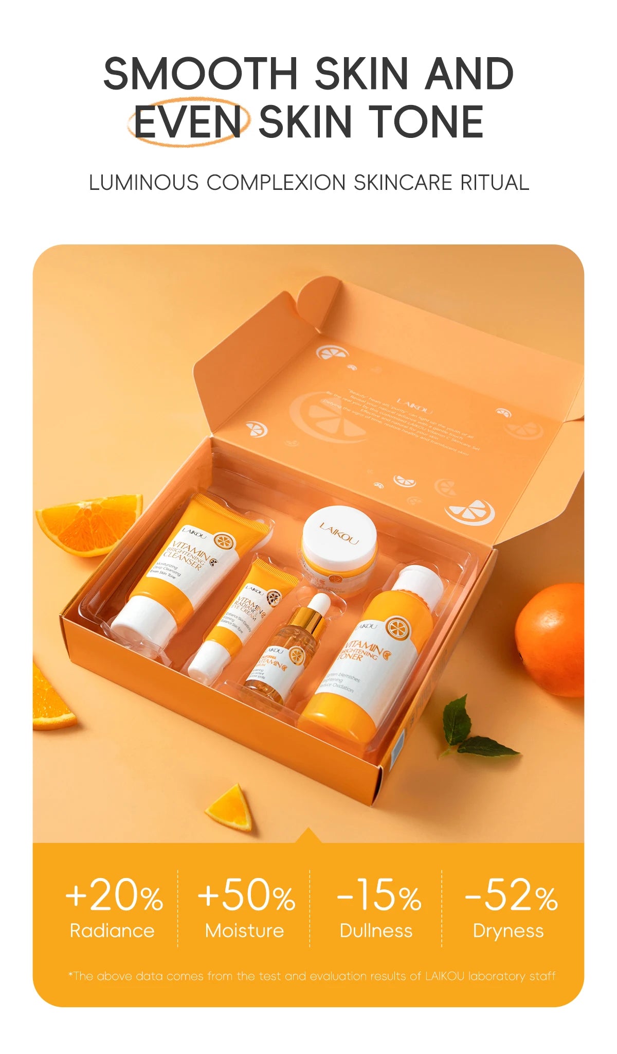 LAIKOU VITAMIN C Skincare Set Brightening 5Pcs Kit Even Skin Tone Smooth Wrinkle Tighten Pores Cleanser Toner Serum Eye Cream