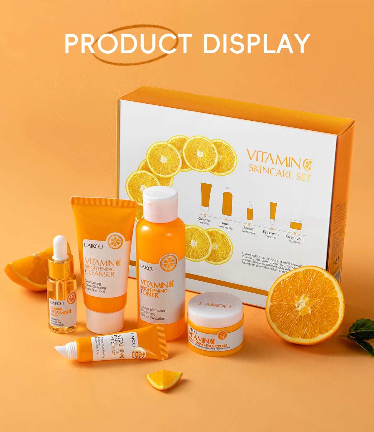 LAIKOU VITAMIN C Skincare Set Brightening 5Pcs Kit Even Skin Tone Smooth Wrinkle Tighten Pores Cleanser Toner Serum Eye Cream