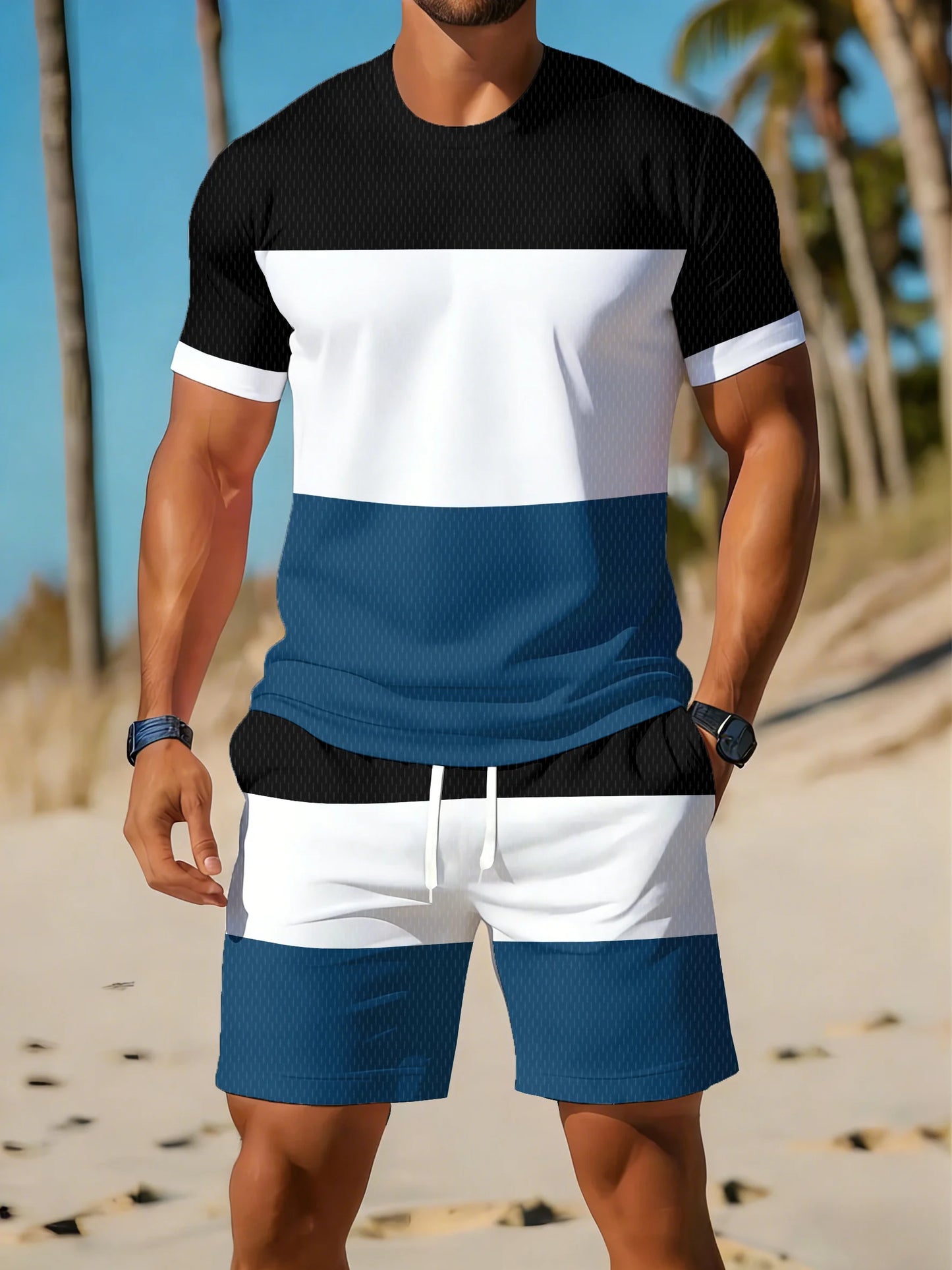 Summer Men's Breathable Quick-drying T-shirt and Shorts 2-piece Set Casual Streetwear Short Sleeve T-shirts Pockets Shorts Suit