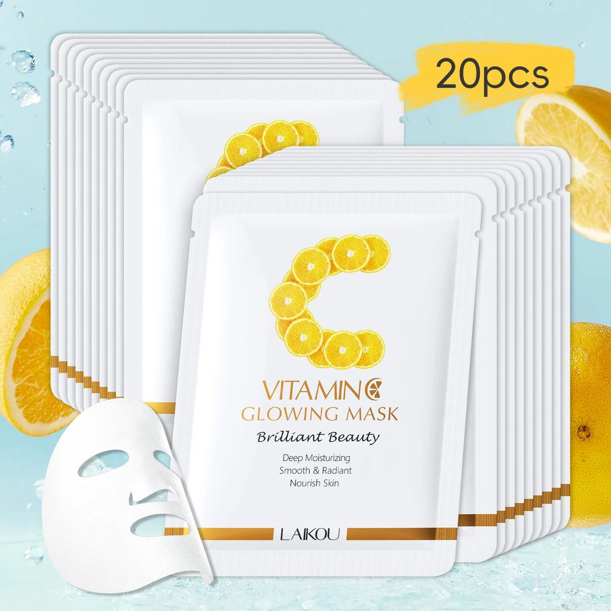 LAIKOU Vitamin C Glowing Mask Brightening Sheet Mask Hydrating Face Mask Anti-Age Skin Care 25g*20pcs