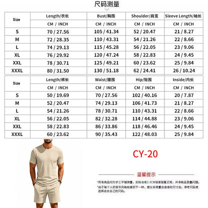 Men's Waffle Knit 2 Piece Tracksuit Set Solid Color Short Sleeve Crew Neck T Shirt Elastic Waist Shorts Summer Casual  Outfit.