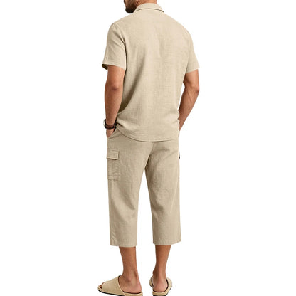 Men's Linen Breathable Loose Polo Two-Piece Set Short-Sleeve Top Work Pants Summer Beach Casual Sports Outfit