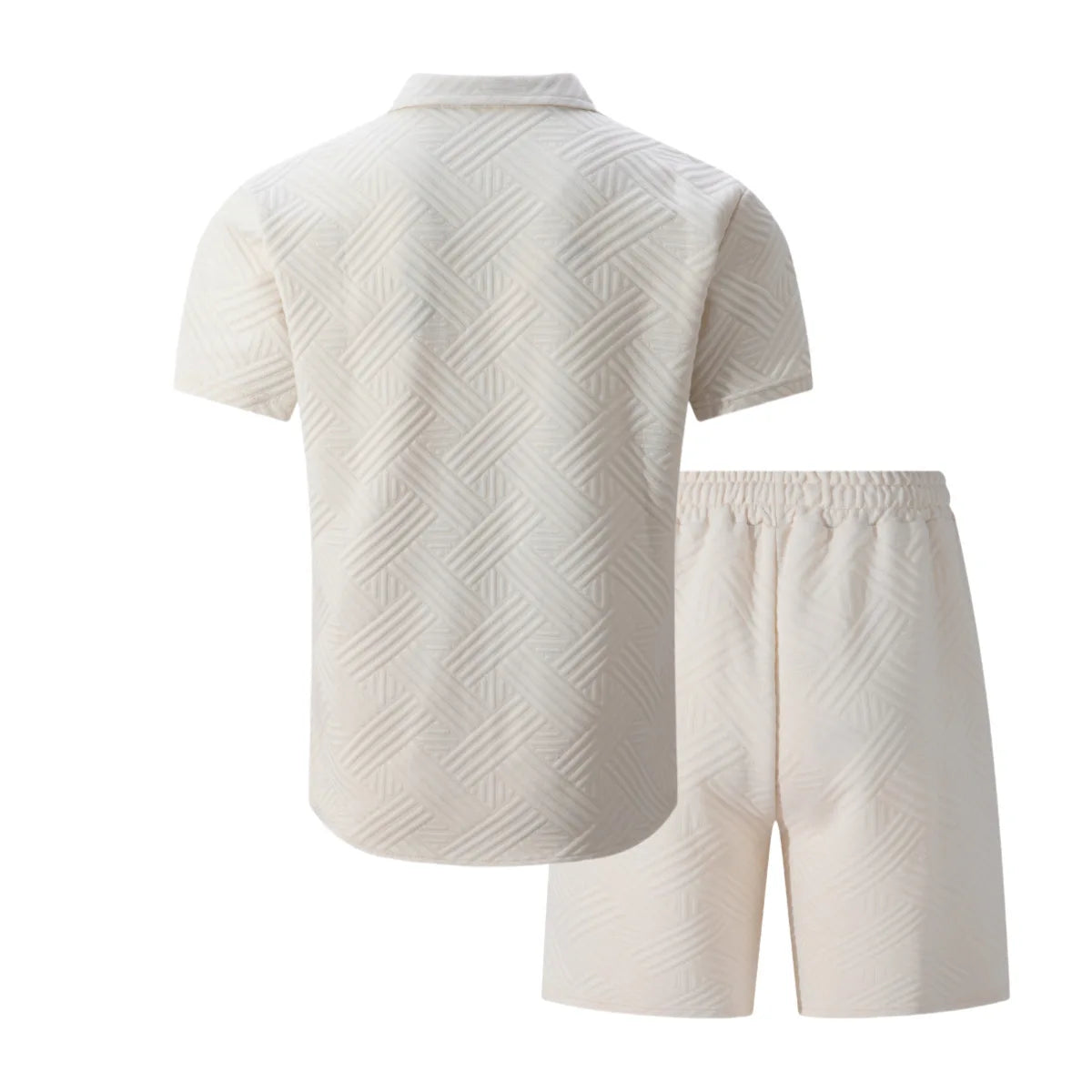 2026 Spring Summer Men Hot Sale Waffle Knit Solid Color Jacquard Lapel Cardigan Short Sleeve Shirt Shorts Casual 2 Piece Set