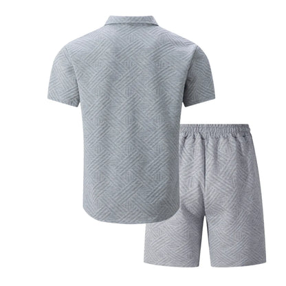 2026 Spring Summer Men Hot Sale Waffle Knit Solid Color Jacquard Lapel Cardigan Short Sleeve Shirt Shorts Casual 2 Piece Set