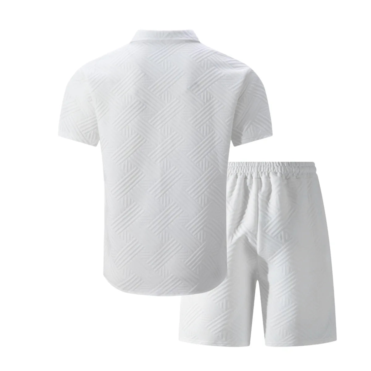 2026 Spring Summer Men Hot Sale Waffle Knit Solid Color Jacquard Lapel Cardigan Short Sleeve Shirt Shorts Casual 2 Piece Set