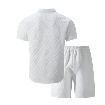 2026 Spring Summer Men Hot Sale Waffle Knit Solid Color Jacquard Lapel Cardigan Short Sleeve Shirt Shorts Casual 2 Piece Set