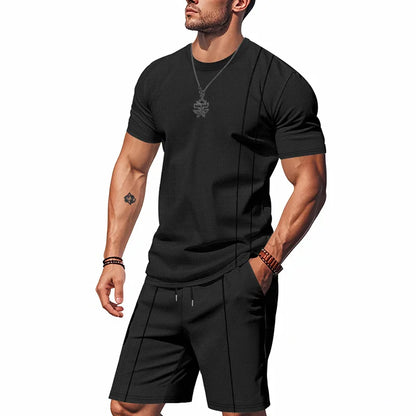 Men's Waffle Knit 2 Piece Tracksuit Set Solid Color Short Sleeve Crew Neck T Shirt Elastic Waist Shorts Summer Casual  Outfit.