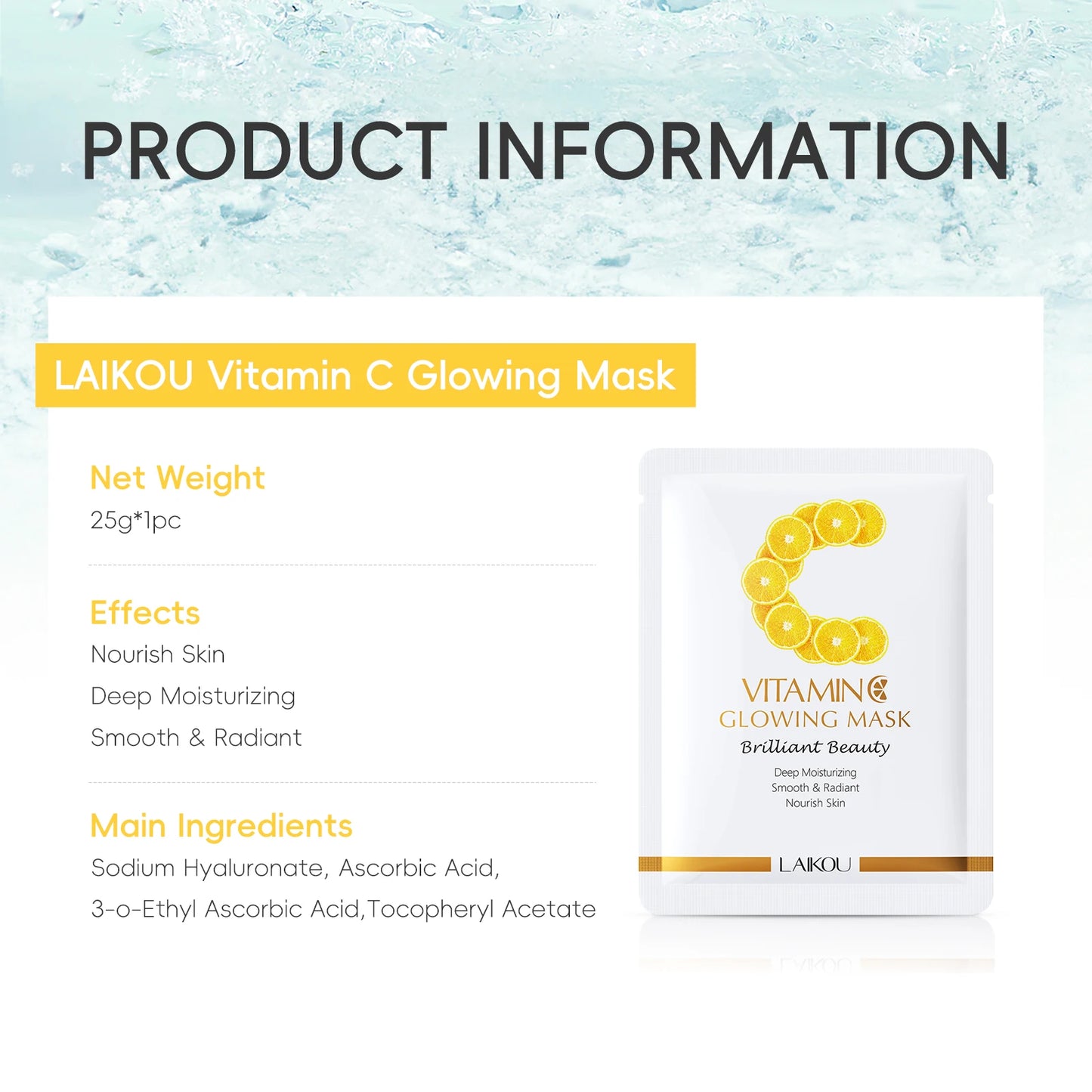 LAIKOU Vitamin C Glowing Mask Brightening Sheet Mask Hydrating Face Mask Anti-Age Skin Care 25g*20pcs