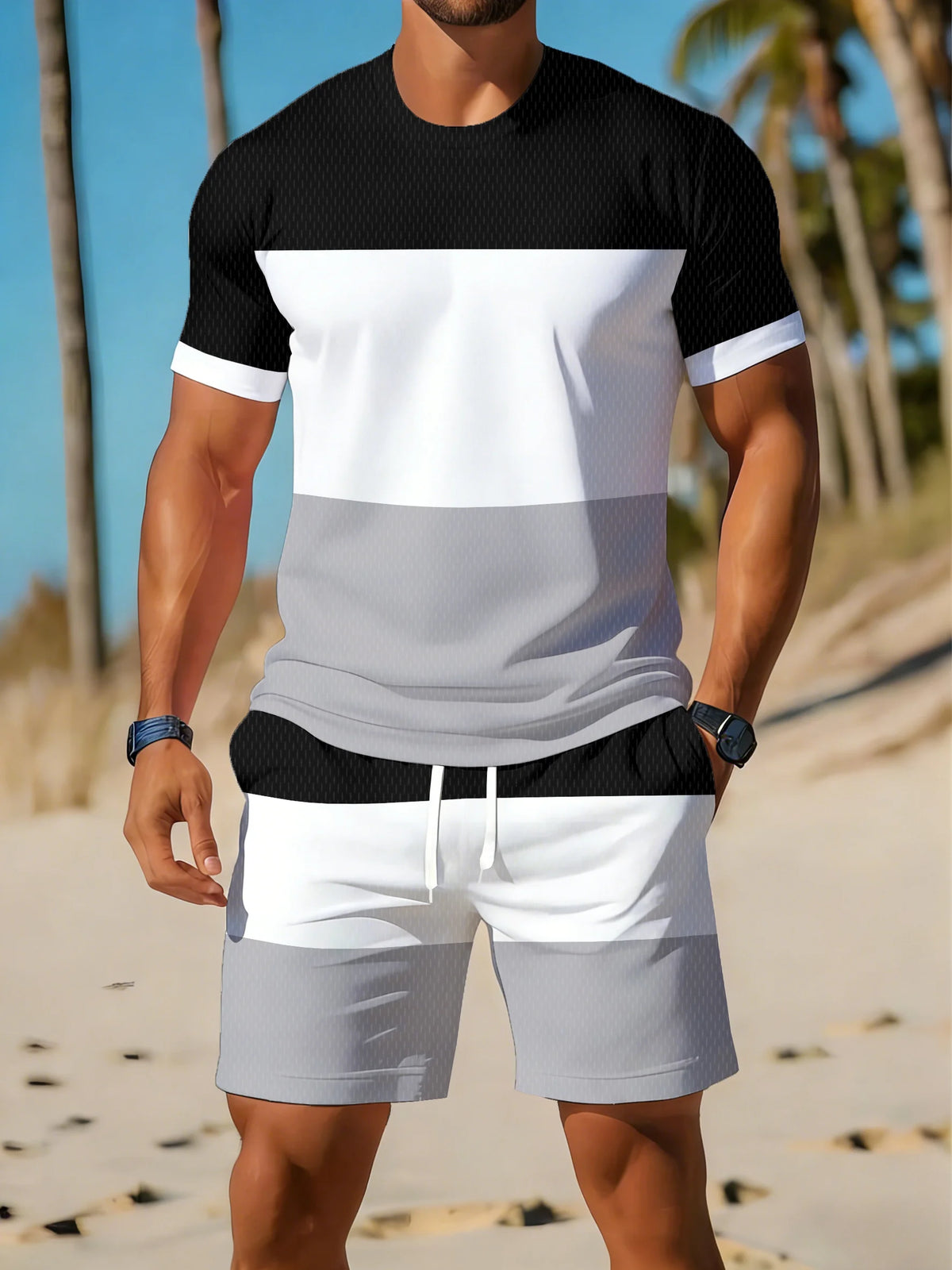 Summer Men's Breathable Quick-drying T-shirt and Shorts 2-piece Set Casual Streetwear Short Sleeve T-shirts Pockets Shorts Suit