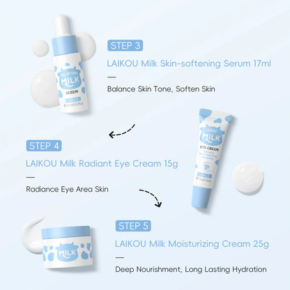 LAIKOU Milk Glowing Skincare Set Hydrating Brightening Anti-Age Firming Facial Care Cleanser Toner Serum Eye Cream Moisturizer