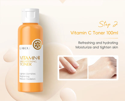 LAIKOU VITAMIN C Skincare Set Brightening 5Pcs Kit Even Skin Tone Smooth Wrinkle Tighten Pores Cleanser Toner Serum Eye Cream