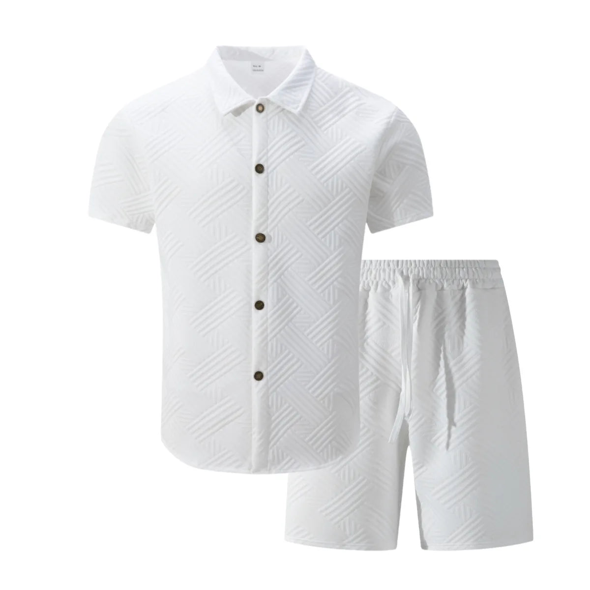 2026 Spring Summer Men Hot Sale Waffle Knit Solid Color Jacquard Lapel Cardigan Short Sleeve Shirt Shorts Casual 2 Piece Set