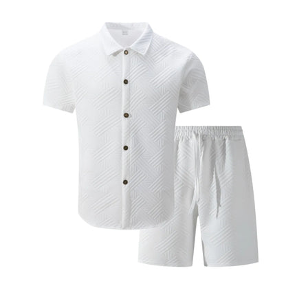 2026 Spring Summer Men Hot Sale Waffle Knit Solid Color Jacquard Lapel Cardigan Short Sleeve Shirt Shorts Casual 2 Piece Set
