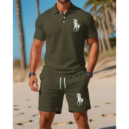 Men's trendy sports polo shirt paired with shorts,  print on the chest and breathable fabric,   distance travel and home wear