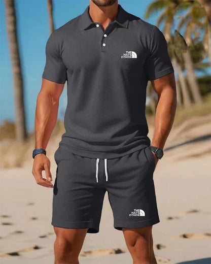 Daily essential men's casual Polo set exquisite letter printing soft glutinous fabric home fitness jogging versatile shorts set
