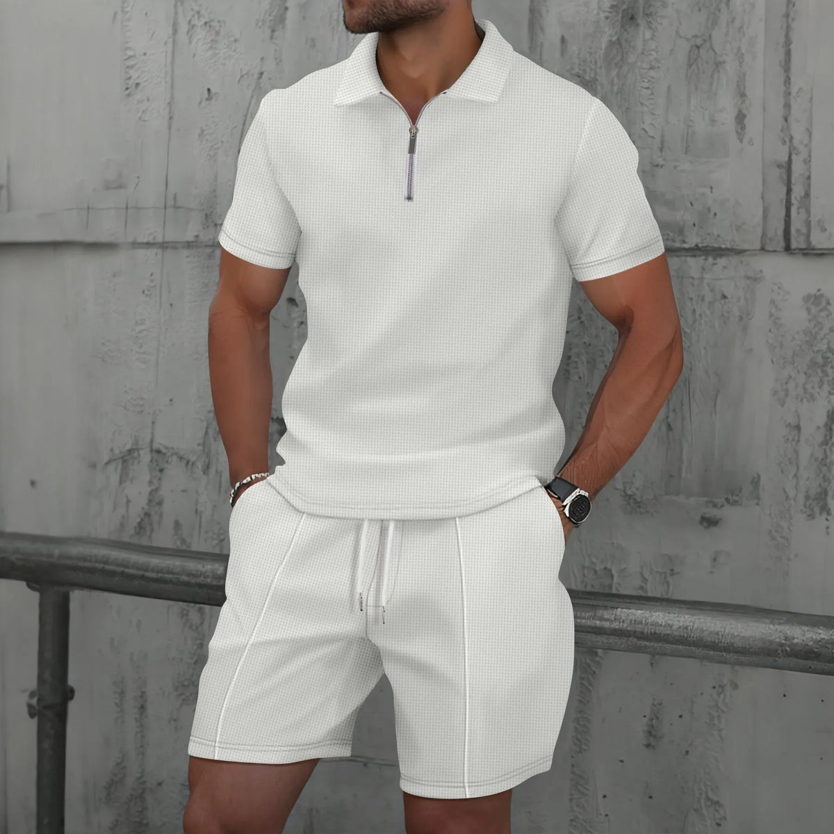 Summer Waffle Solid Color Casual Loose Collar Polo Shirt Set European and American Men Short Sleeved Shorts Casual Set