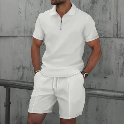 Summer Waffle Solid Color Casual Loose Collar Polo Shirt Set European and American Men Short Sleeved Shorts Casual Set