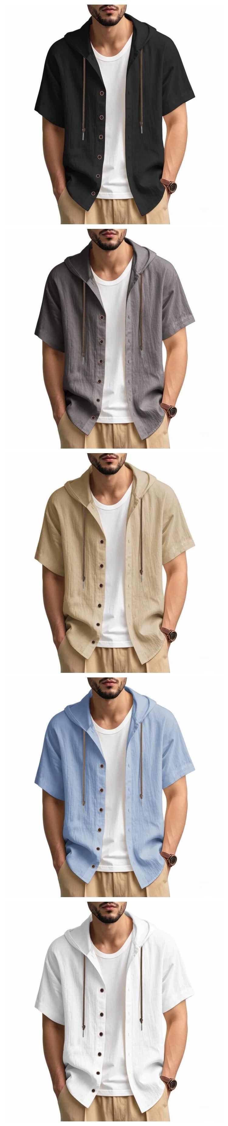 SOSUSU Men Short Sleeve Hooded Shirt Casual Button Down Drawstring Linen Style Summer Beach Tops Lightweight Breathable Loose