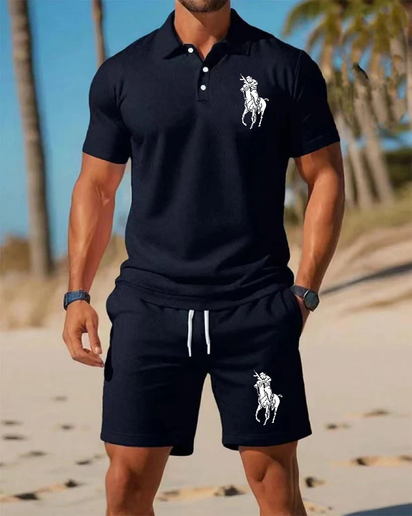 Men's trendy sports polo shirt paired with shorts,  print on the chest and breathable fabric,   distance travel and home wear