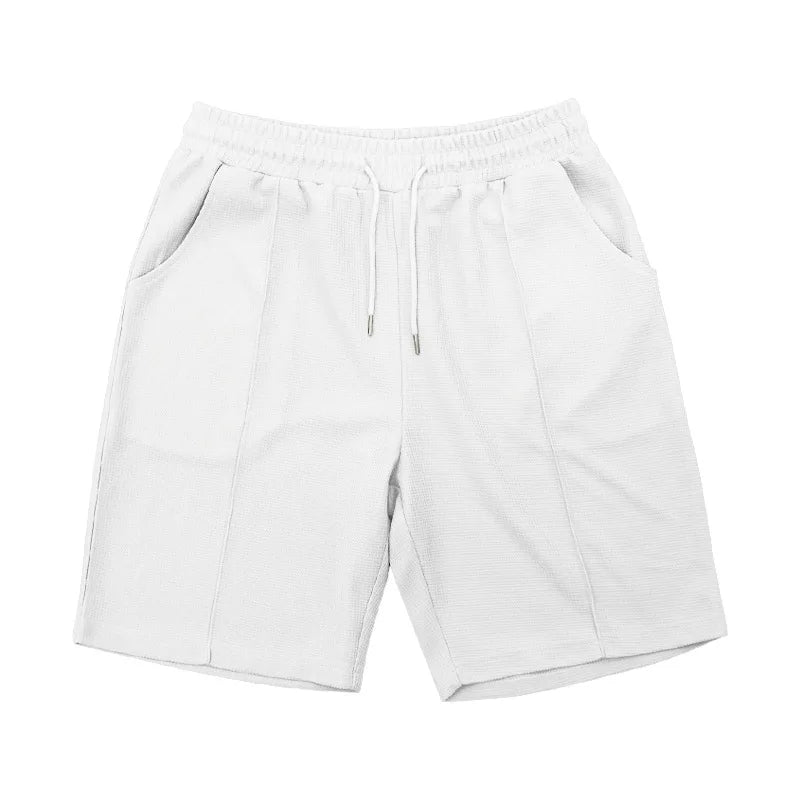 Men's Waffle Knit 2 Piece Tracksuit Set Solid Color Short Sleeve Crew Neck T Shirt Elastic Waist Shorts Summer Casual  Outfit.