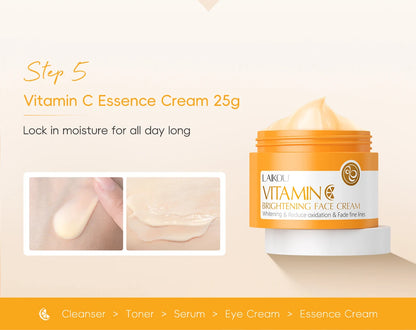LAIKOU VITAMIN C Skincare Set Brightening 5Pcs Kit Even Skin Tone Smooth Wrinkle Tighten Pores Cleanser Toner Serum Eye Cream