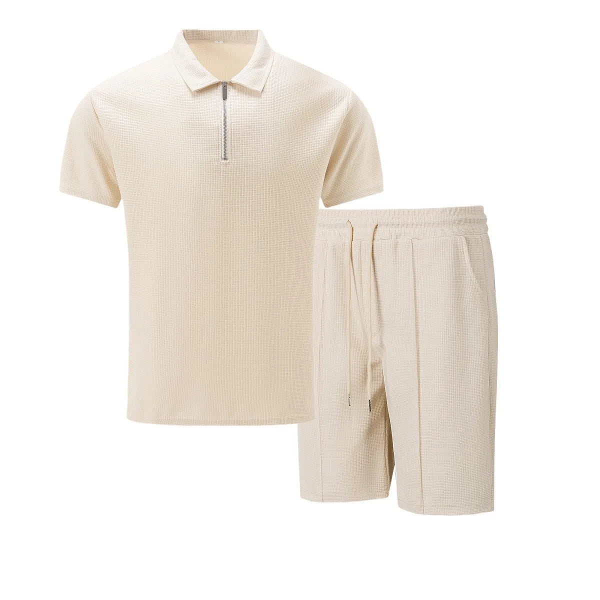 Summer Waffle Solid Color Casual Loose Collar Polo Shirt Set European and American Men Short Sleeved Shorts Casual Set