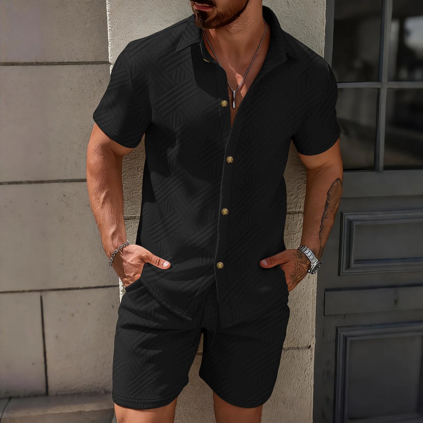 2026 Spring Summer Men Hot Sale Waffle Knit Solid Color Jacquard Lapel Cardigan Short Sleeve Shirt Shorts Casual 2 Piece Set