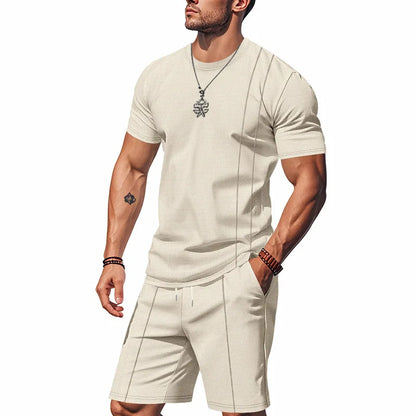 Men's Waffle Knit 2 Piece Tracksuit Set Solid Color Short Sleeve Crew Neck T Shirt Elastic Waist Shorts Summer Casual  Outfit.