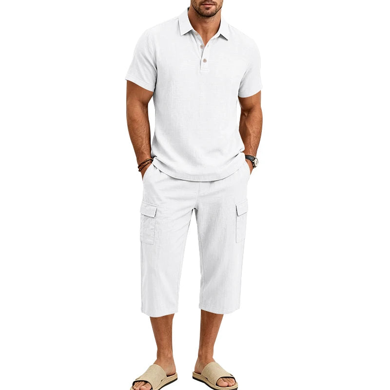 Men's Linen Breathable Loose Polo Two-Piece Set Short-Sleeve Top Work Pants Summer Beach Casual Sports Outfit