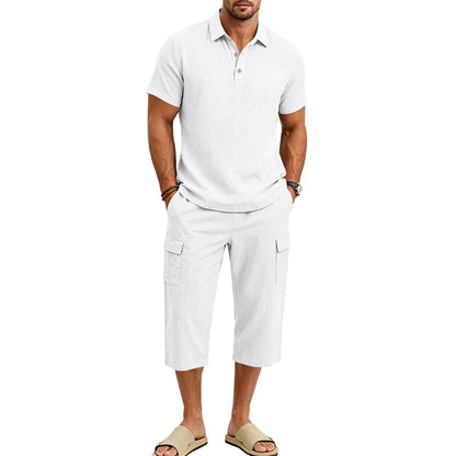 Men's Linen Breathable Loose Polo Two-Piece Set Short-Sleeve Top Work Pants Summer Beach Casual Sports Outfit