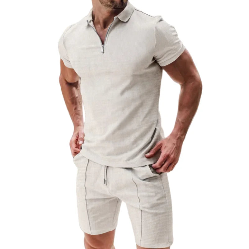 Men's Short Sleeved Shorts Casual Set Summer Waffle Solid Color Casual Sports Trend Loose Collar T-shirt Set Men