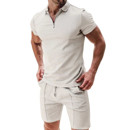 Men's Short Sleeved Shorts Casual Set Summer Waffle Solid Color Casual Sports Trend Loose Collar T-shirt Set Men