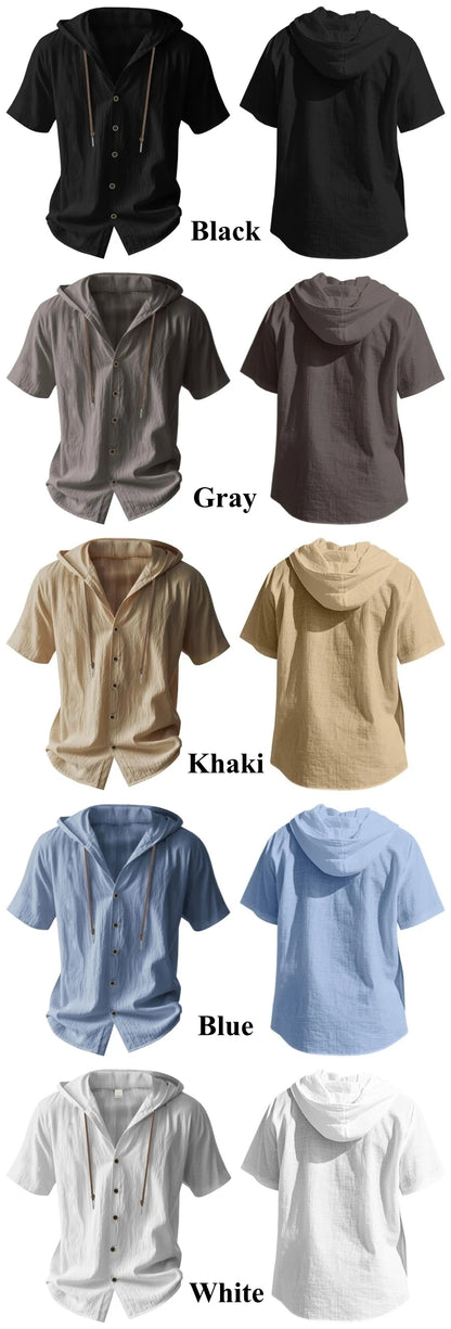 SOSUSU Men Short Sleeve Hooded Shirt Casual Button Down Drawstring Linen Style Summer Beach Tops Lightweight Breathable Loose