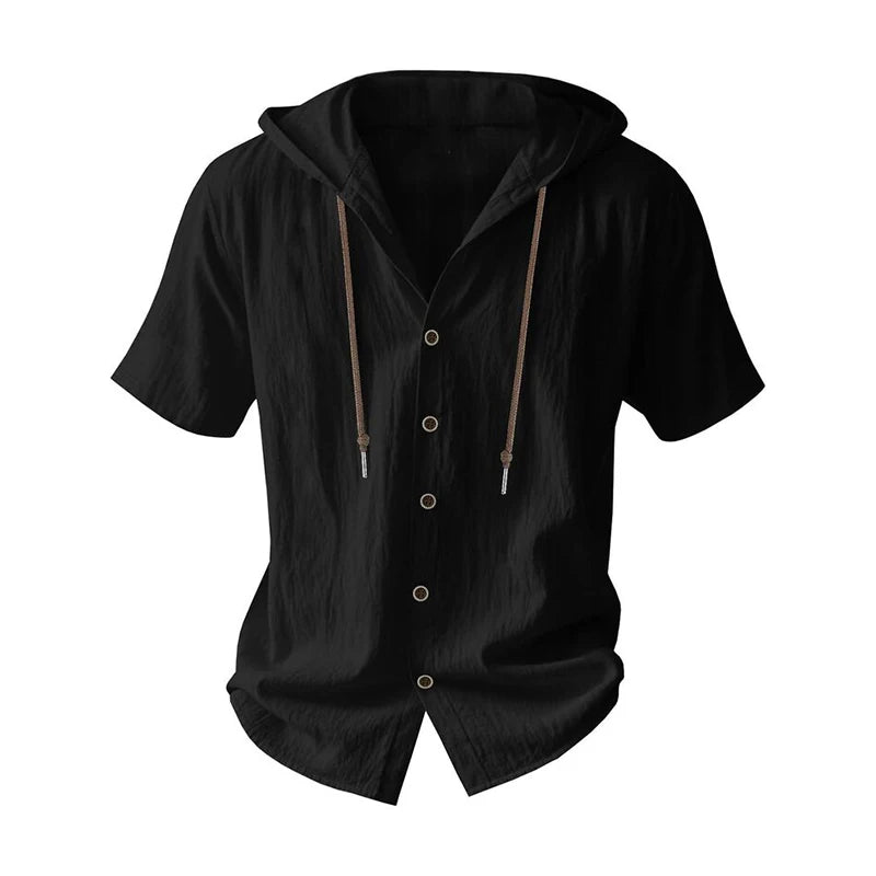 SOSUSU Men Short Sleeve Hooded Shirt Casual Button Down Drawstring Linen Style Summer Beach Tops Lightweight Breathable Loose