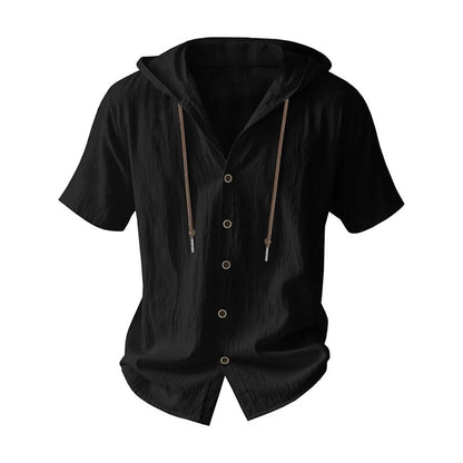 SOSUSU Men Short Sleeve Hooded Shirt Casual Button Down Drawstring Linen Style Summer Beach Tops Lightweight Breathable Loose