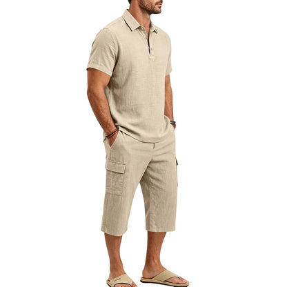Men's Linen Breathable Loose Polo Two-Piece Set Short-Sleeve Top Work Pants Summer Beach Casual Sports Outfit