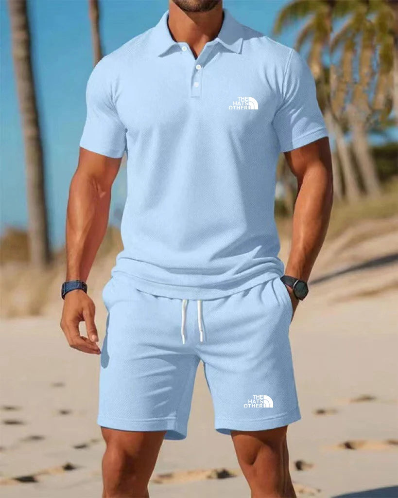 Daily essential men's casual Polo set exquisite letter printing soft glutinous fabric home fitness jogging versatile shorts set
