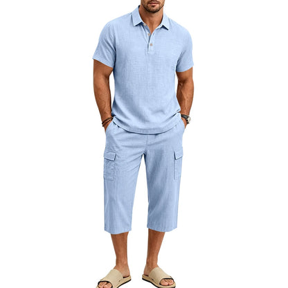 Men's Linen Breathable Loose Polo Two-Piece Set Short-Sleeve Top Work Pants Summer Beach Casual Sports Outfit