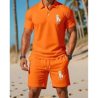 Men's trendy sports polo shirt paired with shorts,  print on the chest and breathable fabric,   distance travel and home wear