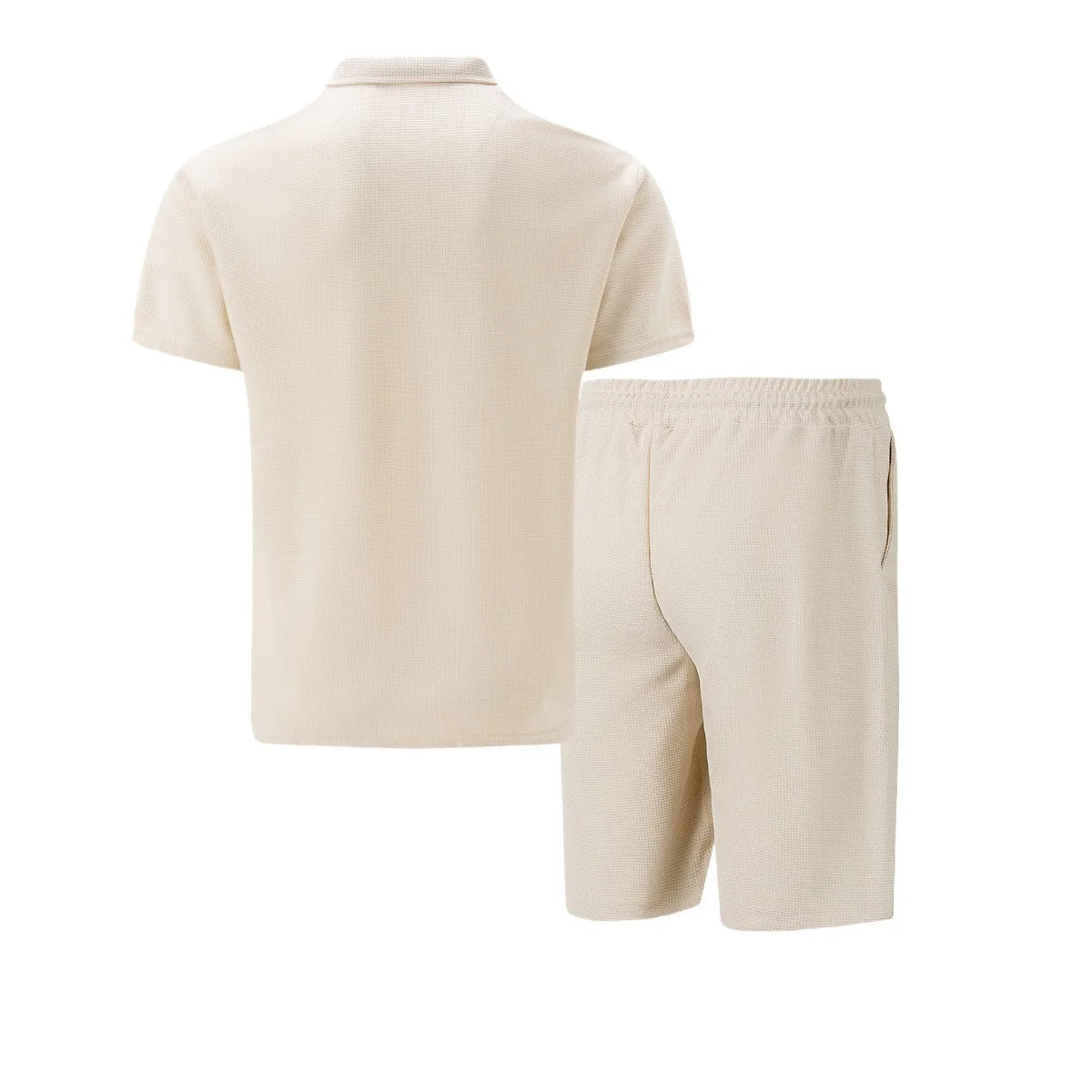 Summer Waffle Solid Color Casual Loose Collar Polo Shirt Set European and American Men Short Sleeved Shorts Casual Set