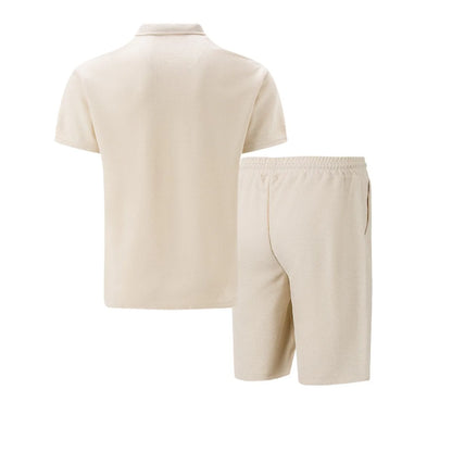 Summer Waffle Solid Color Casual Loose Collar Polo Shirt Set European and American Men Short Sleeved Shorts Casual Set